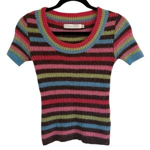 Chaber Stripe Rainbow Multicolored Fuzzy Short Sleeve Sweater Approx XS